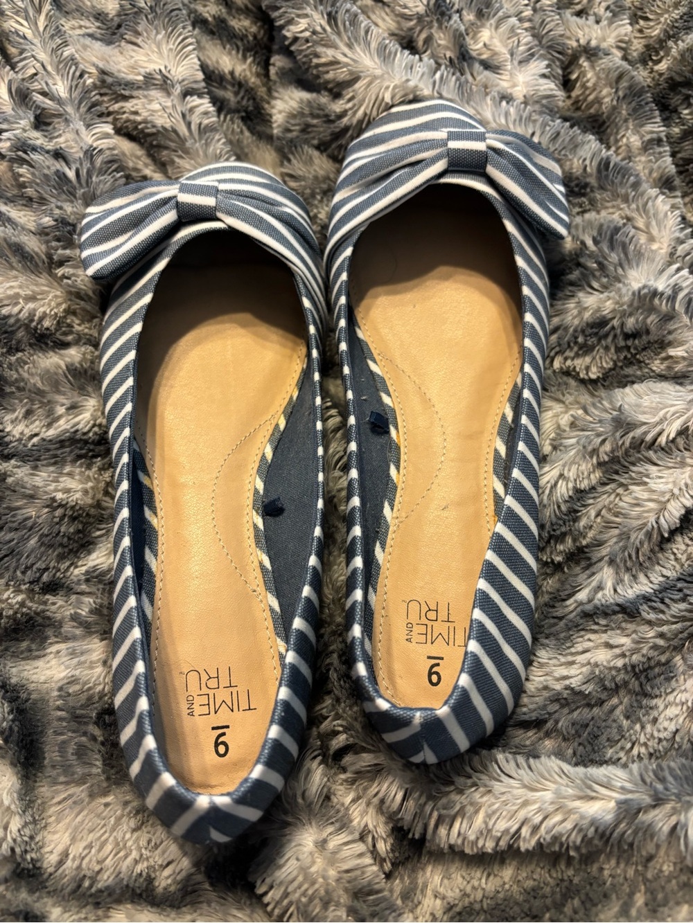 Time and Tru Navy and White Striped Bow Slip-On Flats